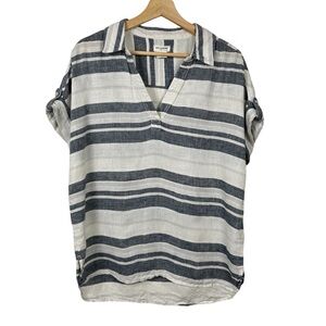 ARTISAN NY 100% Linen Striped Short Sleeve Popover Top, Cream/Navy Blue, Small
